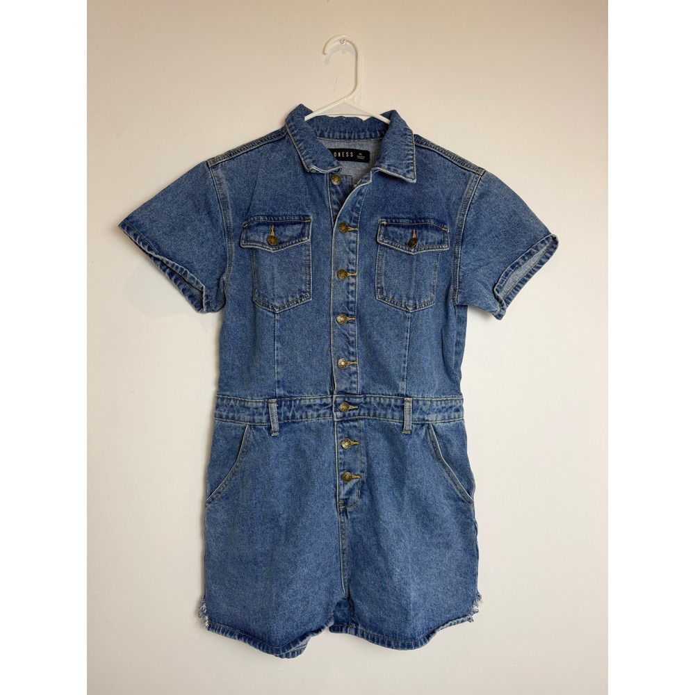 Lioness Blue Denim Romper Short Sleeve Button Up Distressed Hem Playsuit XL